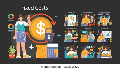 Economies of scale dark or night mode set. Company scale of operation, amount of output produced per unit of time. Mass production efficiency. Flat vector illustration