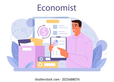 Economist concept. Professional scientist studying economics and money. Idea of economic control and budgeting. Business capital. Vector illustration in cartoon style