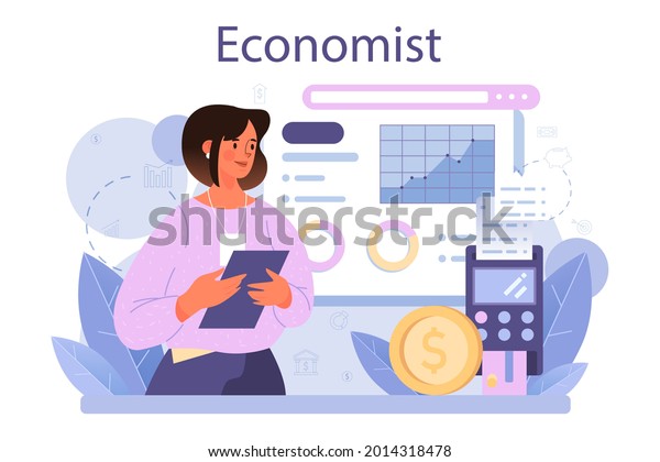 Economist concept.\
Professional scientist studying economics and money. Idea of\
economic control and budgeting. Business capital. Vector\
illustration in cartoon\
style