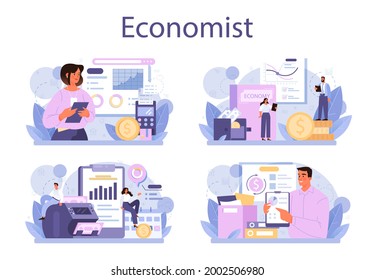 Economist concept set. Professional scientist studying economics and money. Idea of economic control and budgeting. Business capital. Vector illustration in cartoon style