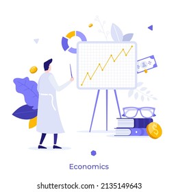 Economista mirando el gráfico ascendente. Concepto de economía, estudio de economía, análisis económico, investigación del crecimiento o desarrollo de los mercados financieros. Ilustración vectorial plana moderna para pancarta, afiche.