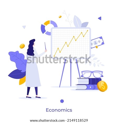 Economist looking at ascending chart. Concept of economics, study of economy, economic analysis, research of financial market growth or development. Modern flat vector illustration for banner, poster.