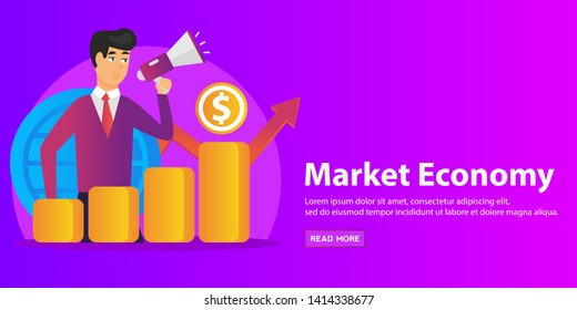 Economist With Megaphone, Economic Growth Column And Market Productivity Chart. Economic Development, World Economy Ranking, Market Economy Concept. Website Vibrant Violet Landing Web Page Template. -