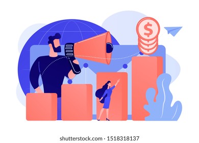 Economist with megaphone, economic growth column and market productivity chart. Economic development, world economy ranking, market economy concept. Pink coral blue vector isolated illustration