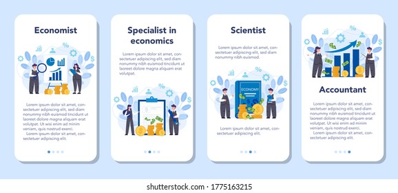 Banner de aplicación móvil de The Economist. Científico profesional estudiando economía y dinero. Idea de la inversión y la generación de dinero. Capital de negocios. Ilustración vectorial en estilo de caricatura