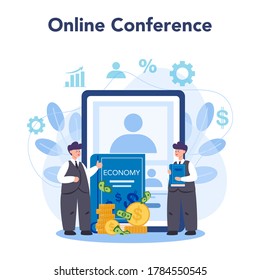 Economist online service or platform. Professional scientist studying economics and money. Online conference. Vector illustration in cartoon style