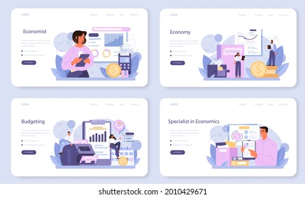 Economist web banner or landing page set. Professional scientist studying economics and money. Idea of economic control and budgeting. Business capital. Vector illustration in cartoon style