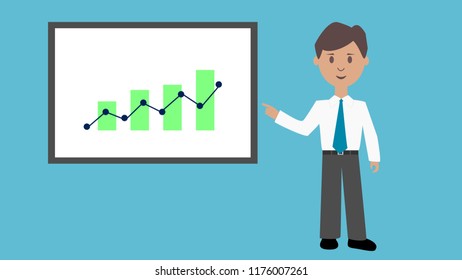 economist in white shirt pointing finger to growing graph on monitor 