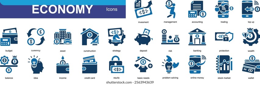 Economy 25 sets icons with blue color style