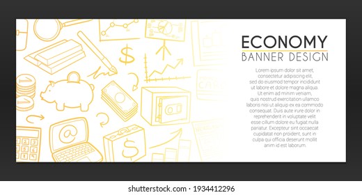 Economy Banner Doodle. Money Finances Background Hand drawn. Bank Icons illustration. Vector Horizontal Design.