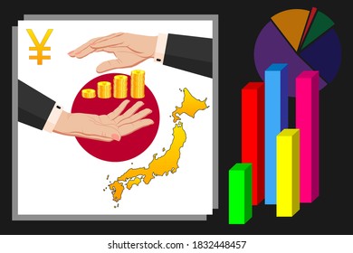 Economy and budget of Japan. Two female hands in a business suit around gold yen coins. Map of Japan in the colors of the national flag. Symbol of protection, stability. Vector horizontal