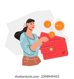 Economy budget and savings for managing finances and achieving savings goals. Cashback, budget and save money, financial well-being concept with woman getting coins to wallet, flat vector isolated.