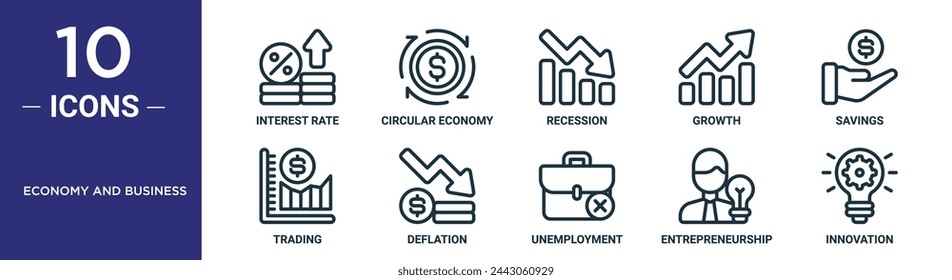 el conjunto de iconos de esquema de economía y negocios incluye tasa de interés de línea fina, economía circular, recesión, crecimiento, ahorro, comercio, iconos de deflación para informe, presentación, diagrama, diseño web