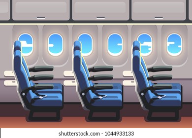 Economy Class Airliner Seats Row With Portholes. Jet Plane Airline Empty Vacant Seats. Flat Style Vector Isolated Illustration