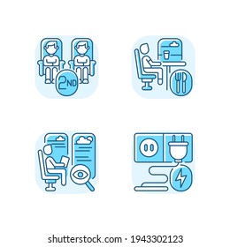 Economy class train services blue RGB color icons set. Second class seats, charging sockets, observation and dining cars. Affordable travel. Isolated vector illustrations