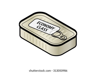 Economy class travel concept: A plain unlabelled sardine tin with a pull tab and a plain "economy class" travel.