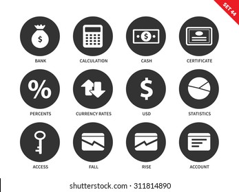 Economy and commerce vector icons set. Business and money concept, financial items, bank, calculation, cash, certificate, persents, usd, account, cards. Isolated on white background
