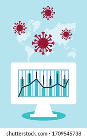 economy and covid19 statistics with arrows and desktop vector illustration design