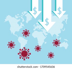 economy and covid19 statistics with arrows in earth maps vector illustration design