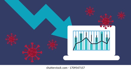 economy and covid19 statistics with arrows and laptop vector illustration design