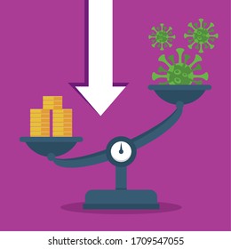 economy and covid19 statistics with arrows and measure balance vector illustration design
