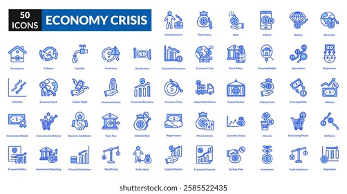 Economy crisis blue icon collection set. Includes recession, downturn, unemployment, inflation, poverty, debt, collapse, deflation, shortage, bankruptcy, instability, crisis, loss, devaluation