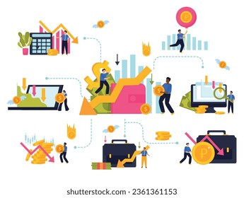 Composición de crisis económica en forma plana con diagramas financieros caracteres tristes y símbolos monetarios ilustración vectorial