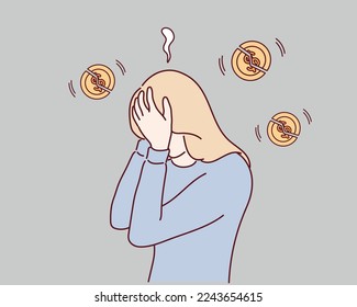  economy crisis composition with  money symbols and woman having financial problems. Hand drawn style vector design illustrations.