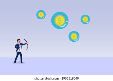 Economy crisis concept. Male manager wearing face mask while using bow and arrow to bursting bubbles with gold coin