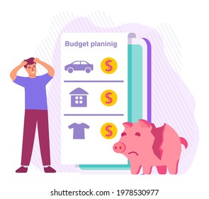 Economy crisis concept.Sad man  financial plan and report.Piggy bank broken showing lack of money.Balance sheet.Upset guy thinking over financial problems.Needing money.Online digital invoice car.