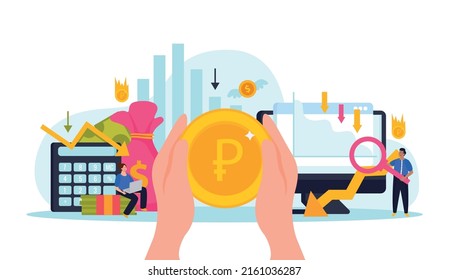 Economy crisis flat composition with human hands holding big coin financial charts symbols and sad people vector illustration