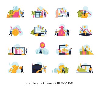 Economy crisis flat icons set with financial charts money symbols and people suffering from economic downturn isolated vector illustration