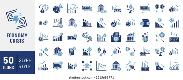 Economy Crisis icon collection. Containing depressions, economic downturn, stock marker cash, financial meltdown, recession, credit crunch, trade war icon. Simple flat vector.