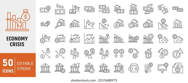 Economy Crisis icon collection. Containing depressions, economic downturn, stock marker cash, financial meltdown, recession, credit crunch, trade war icon. Simple line vector.