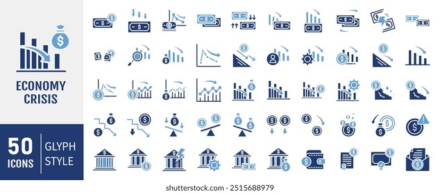 Economy Crisis icon collection. Containing depressions, economic downturn, stock marker cash, financial meltdown, recession, credit crunch, trade war icon. Simple flat vector.