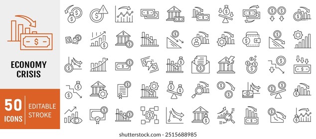 Economy Crisis icon collection. Containing depressions, economic downturn, stock marker cash, financial meltdown, recession, credit crunch, trade war icon. Simple line vector.