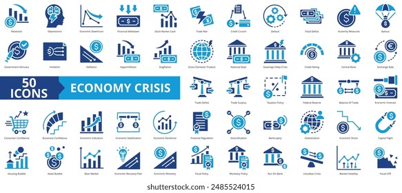 Economy Crisis icon collection set. Containing depressions, economic downturn, financial meltdown, stock marker cash, recession, credit crunch, default, trade war icon. Simple flat vector.