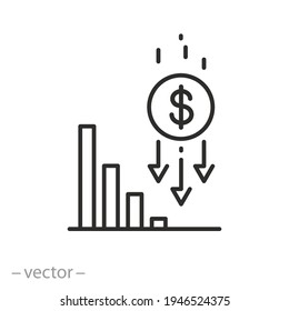 Economy Crisis Icon, Financial Decrease, Rate Business Fall, Money Failure, Inflation Or Devaluation, Investment Loss, Thin Line Web Symbol On White Background - Editable Stroke Vector Illustration