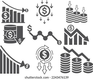 Economy crisis icon set, financial crisis icon set black vector