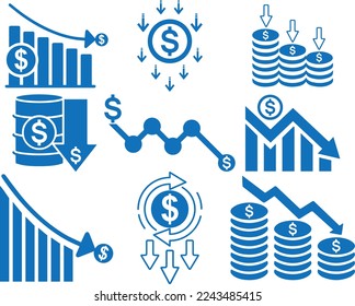 Economy crisis icon set, financial crisis icon set blue vector