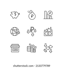 Economy crisis in Russia, russian ruble inflation, financial decrease, rate business fall, money failure, inflation or devaluation, investment loss thin line icon set vector illustration