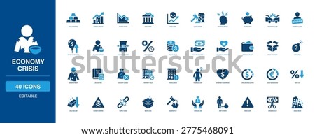 Economy Crisis solid icon set including market crash, bank bankruptcy, unemployment, and debt burden; essential artwork tools for monetary inflation, loan interest, and economic recession.