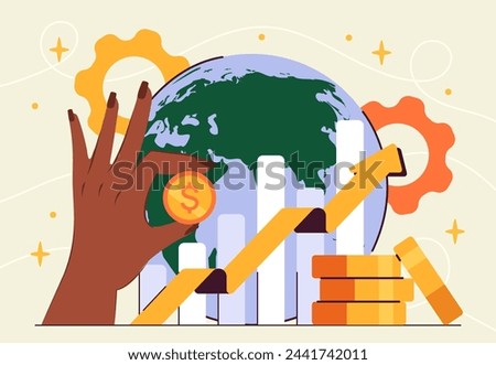 Economy development concept. Hand with golden coins near planet. Graphs and diagrams. Global business, international trading and investing. Cartoon flat vector illustration isolated on grey background