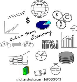 Economy doodle depicting a variety  of components of today's economic framework