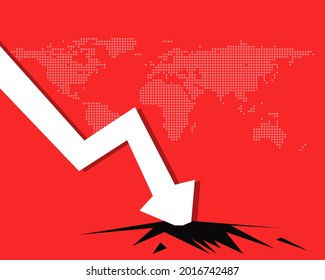 Economy Down concept: There is  down arrow on red background with world map.