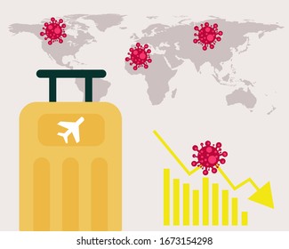 Economy down with Covid-19 crisis concept: there are virus with world map background, suitcase that show about travelling, bars of chart and down arrow for your design in cartoon vector style.
