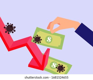 Economy down with Covid-19 crisis concept: there are virus with many bank note and down arrow for your design