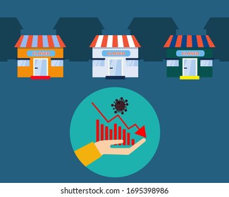 Economy down with Covid-19 crisis concept: there are many closed shops because a lockdown,  There is virus with bars of chart and down arrow for your design