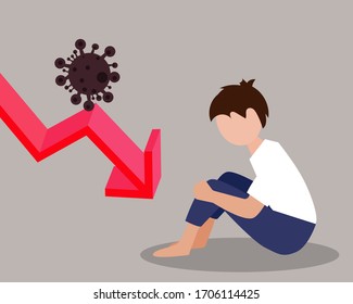 Economy down with Covid-19 crisis concept: There is a sad man who out of work. Virus with bars of chart and red down arrow for your design