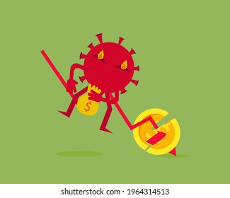 Economy down with Covid-19 crisis concept: there are virus with down arrow. Cartoon vector style  for your design